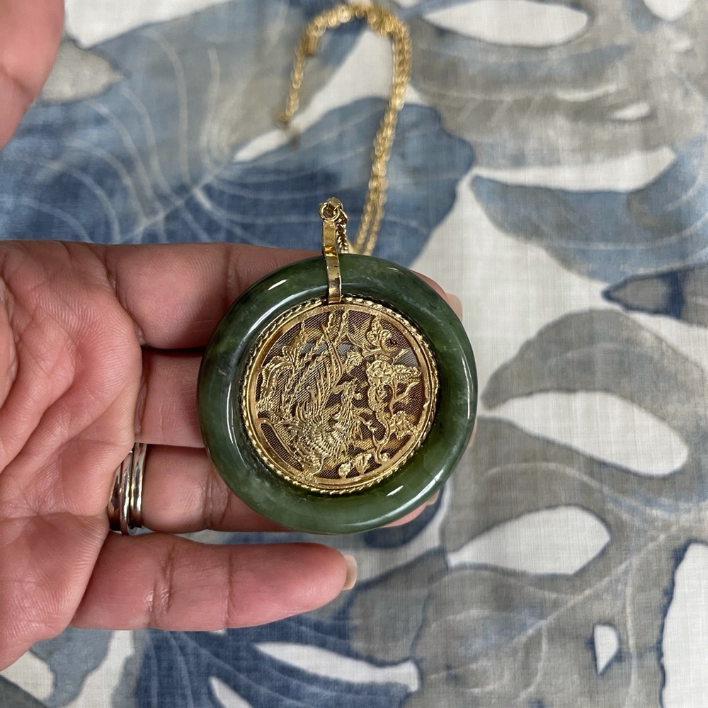 Vintage 1970's Gold Green Round Ring Good Fortune Luck Dragon.